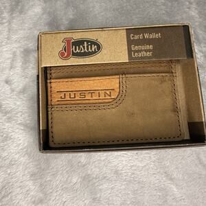 Justin Card Wallet Genuine‎ Suede Leather Tan Brown Logo Justin Boots Cowboy